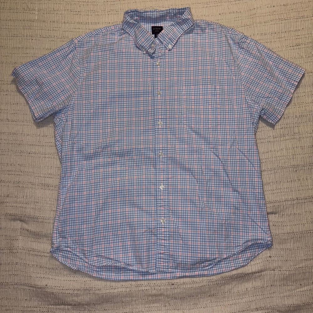J.Crew Flex Mens XL Short Sleeve Button Down Shirt Blue Pink Gingham Plaid XL